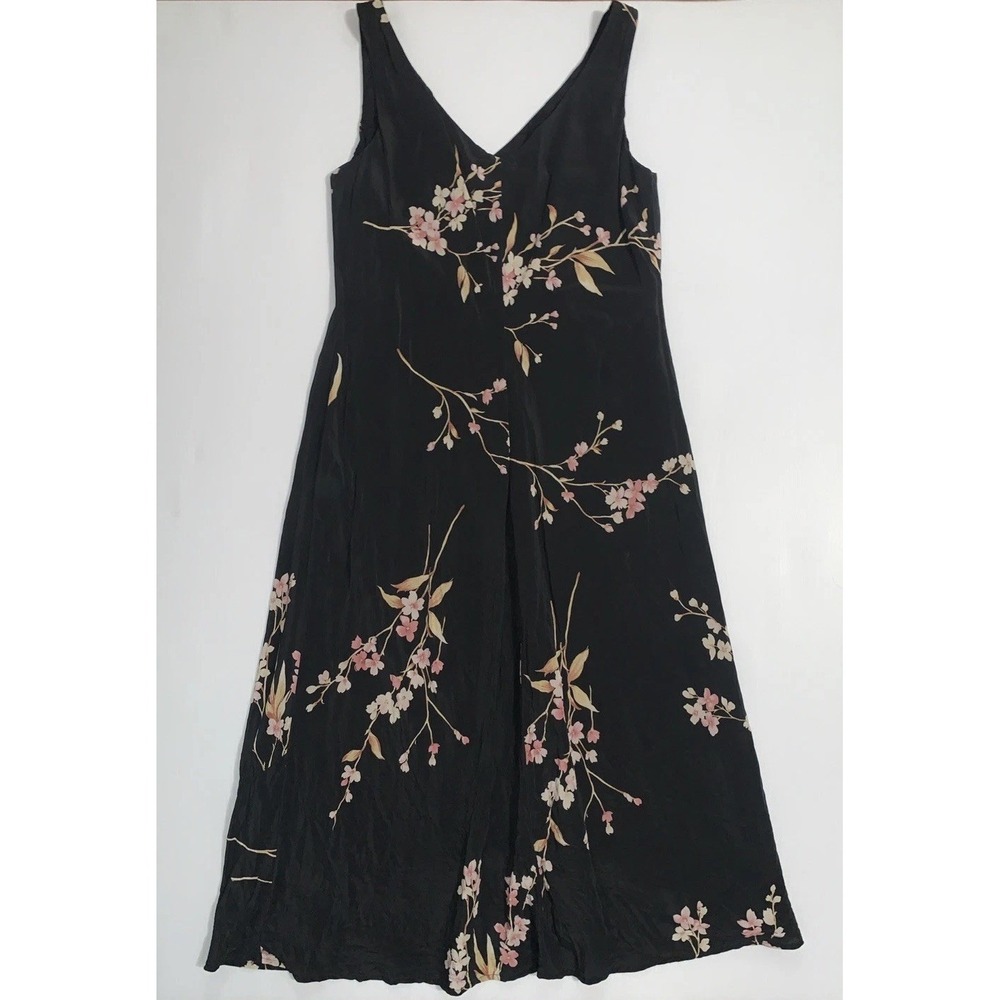Vtg Y2K Fairy Sheath Silk Dress 14 Floral Black Pink Romantic V Neck Sleeveless - Picture 4 of 9